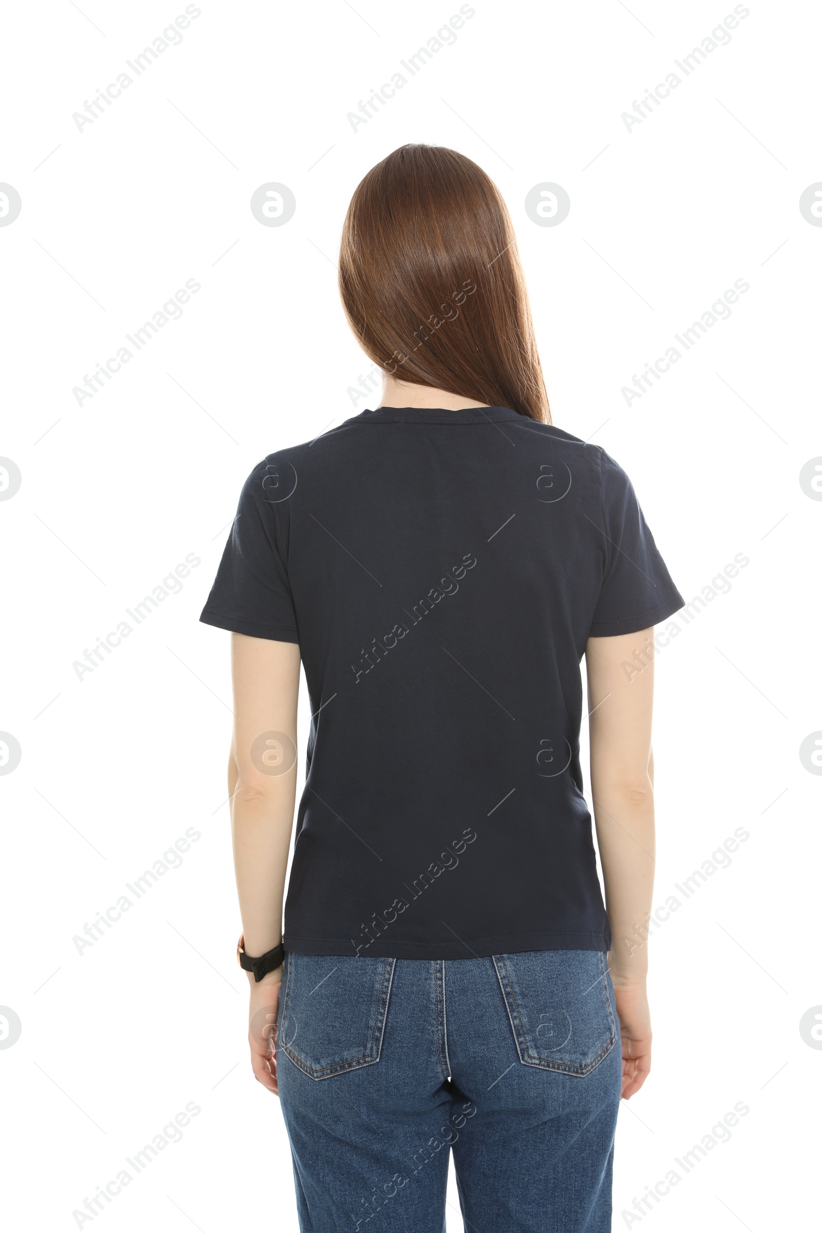 Photo of Young woman in t-shirt on white background. Mock up for design