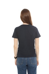 Young woman in t-shirt on white background. Mock up for design