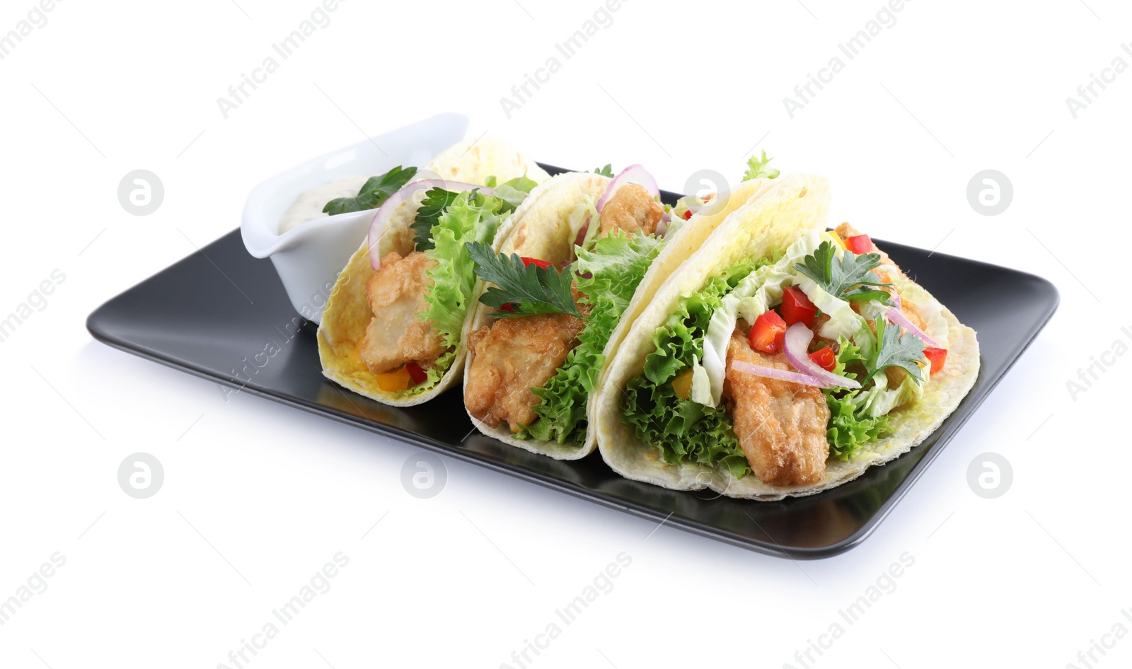 Photo of Yummy fish tacos with sauce isolated on white