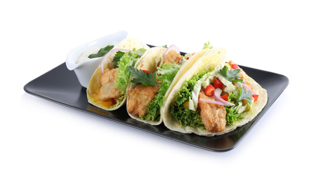 Photo of Yummy fish tacos with sauce isolated on white