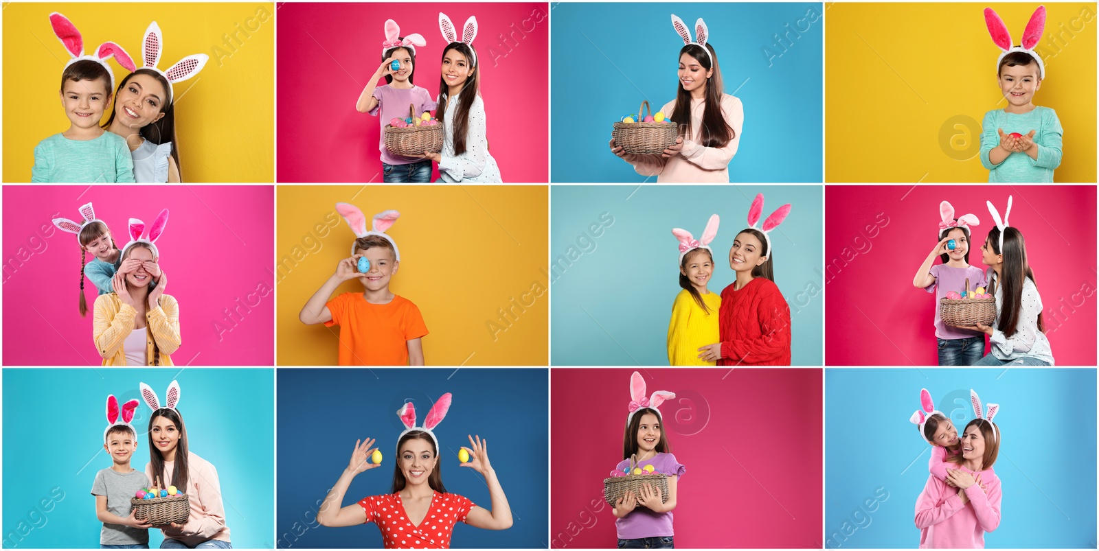 Image of Collage photos of people wearing bunny ears headbands on different color backgrounds, banner design. Happy Easter