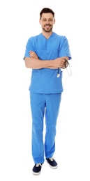 Full length portrait of smiling male doctor in scrubs isolated on white. Medical staff