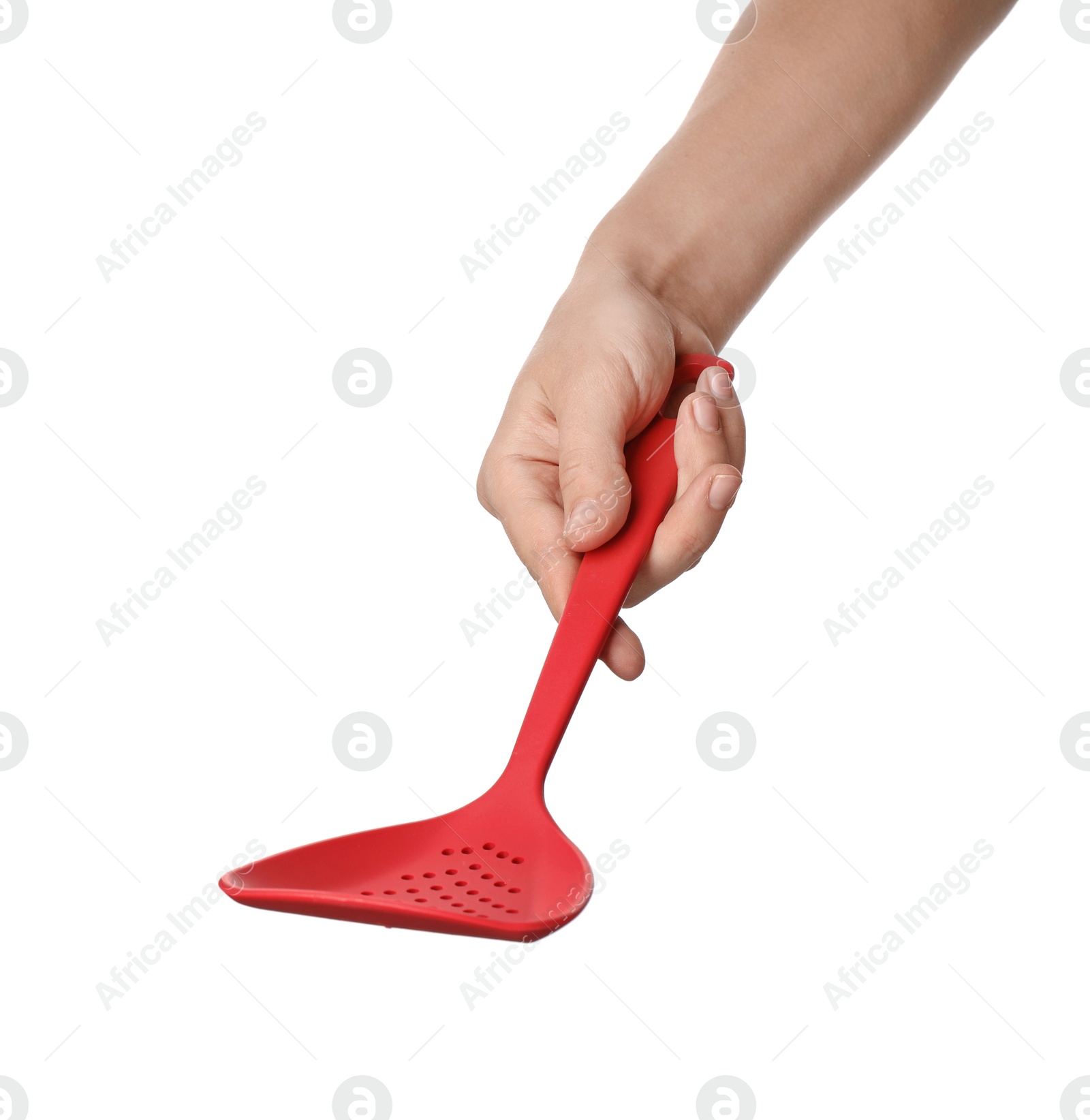 Photo of Woman holding skimmer on white background. Kitchen utensils
