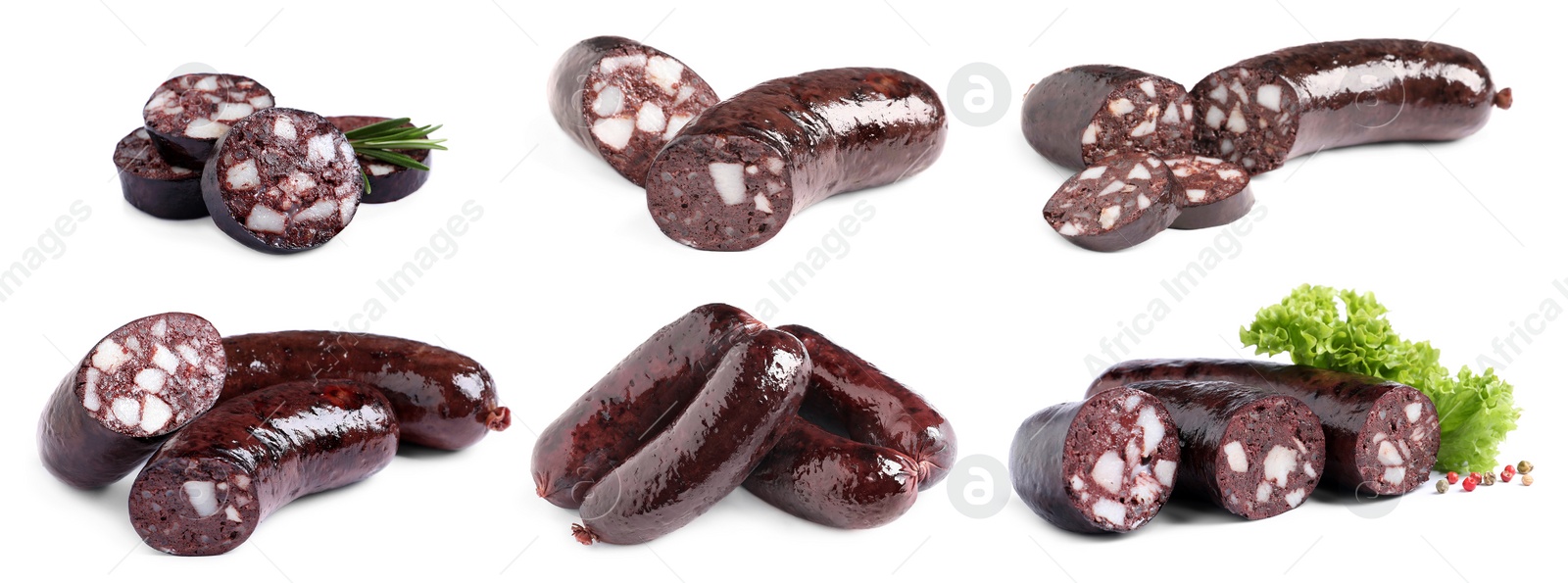 Image of Set with tasty blood sausages on white background. Banner design