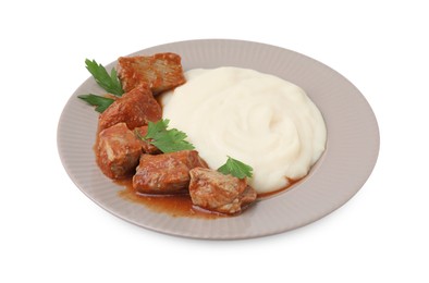 Photo of Delicious goulash with mashed potato isolated on white