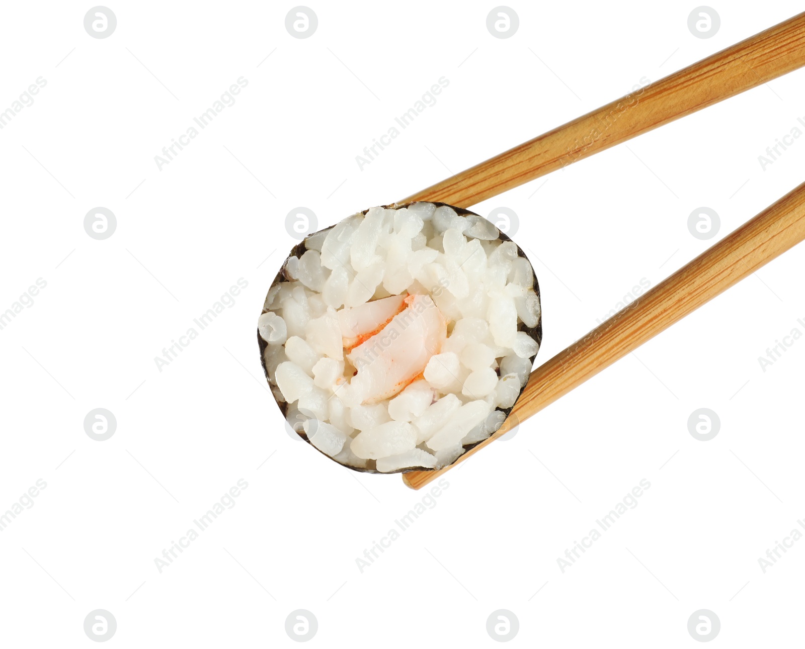 Photo of Chopsticks with tasty fresh sushi roll isolated on white