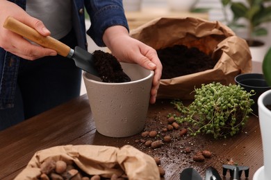 Photo of Woman filling flowerpot with soil at wooden table indoors, closeup. Transplanting houseplants