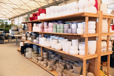 Photo of Many different flower pots on shelves in gardening shop