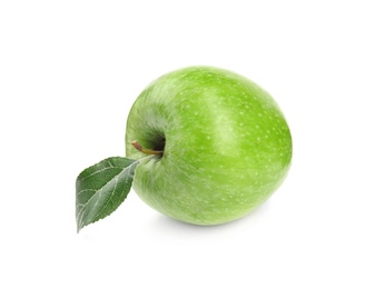 Photo of Fresh ripe green apple with leaf on white background