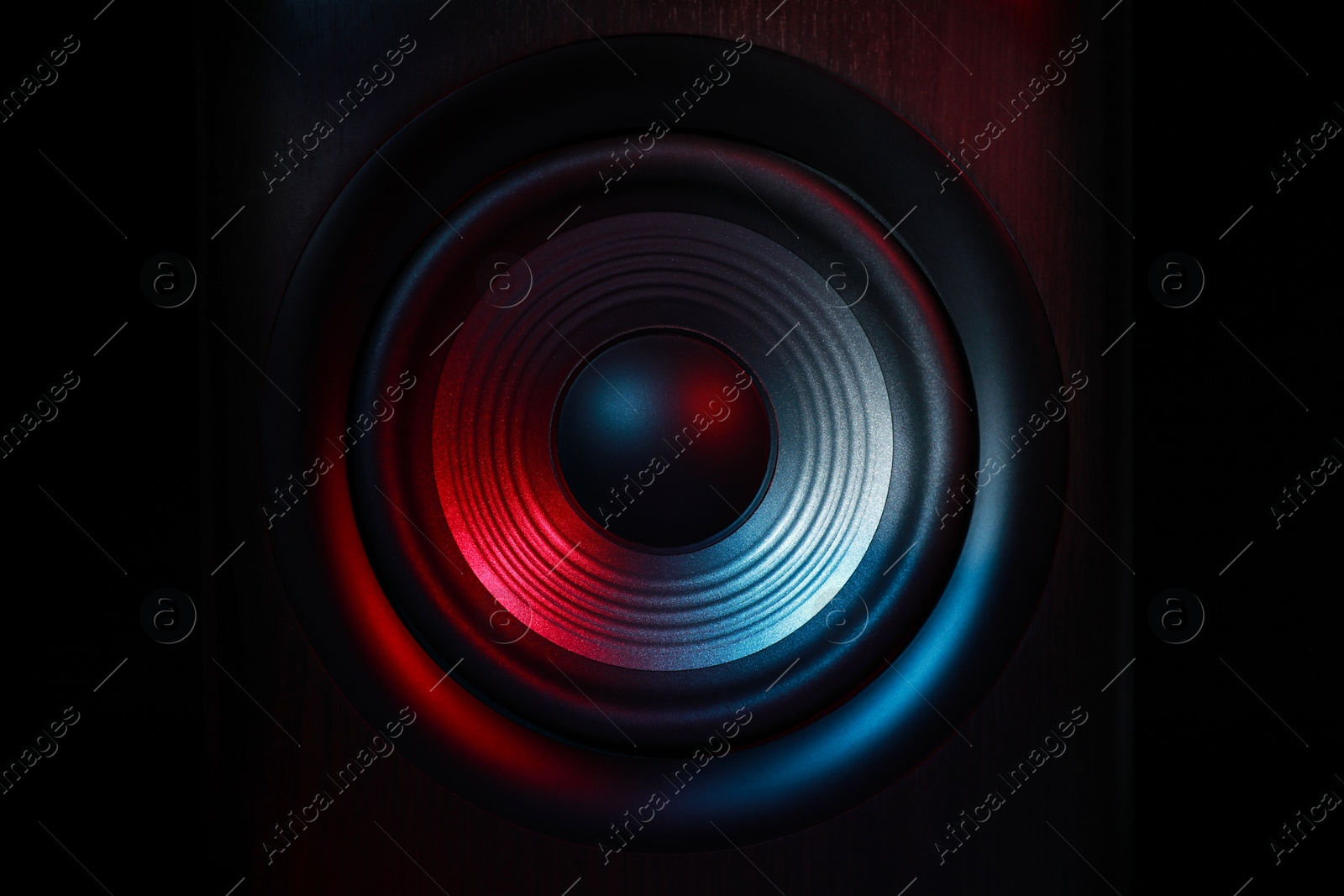 Photo of One sound speaker in neon light on black background, closeup