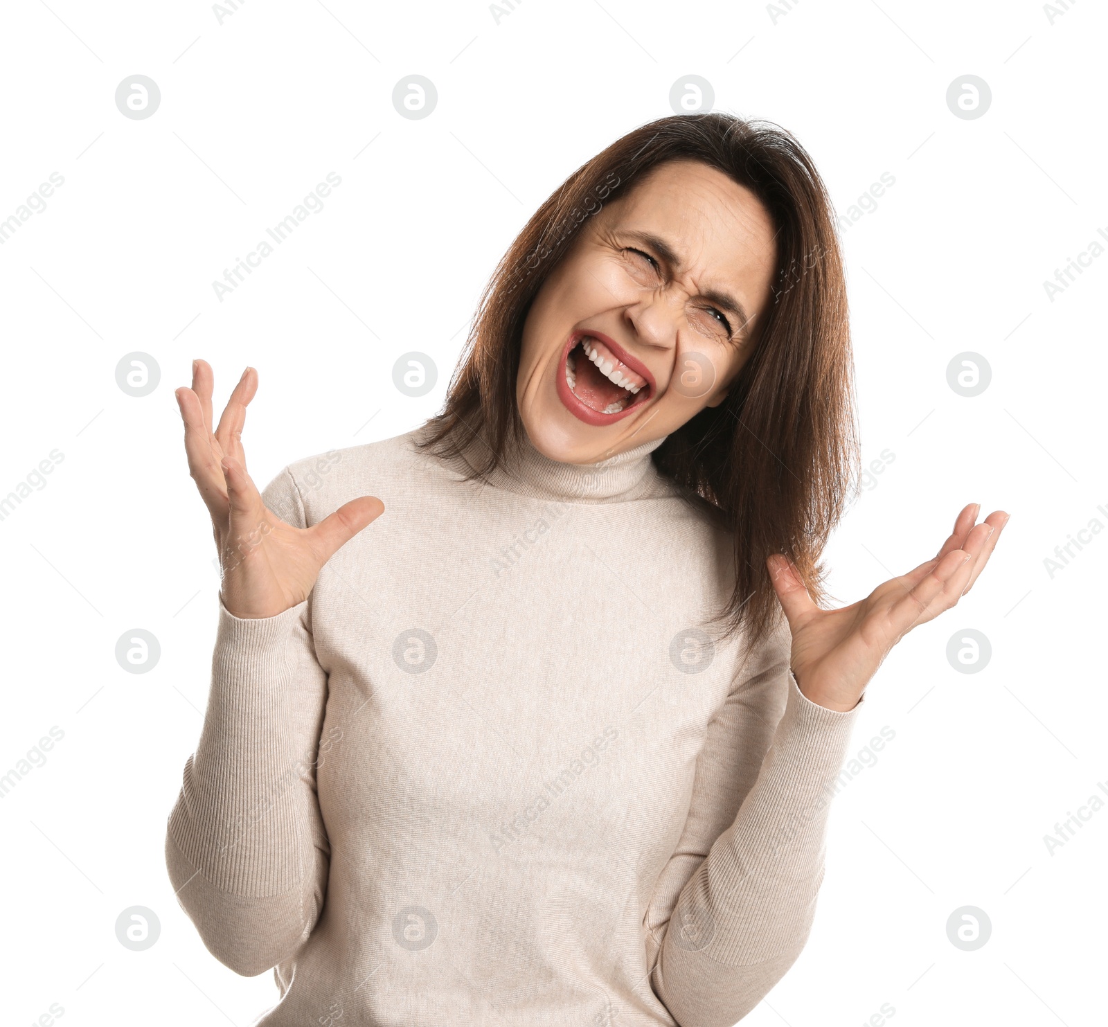 Photo of Portrait of angry woman on white background. Hate concept