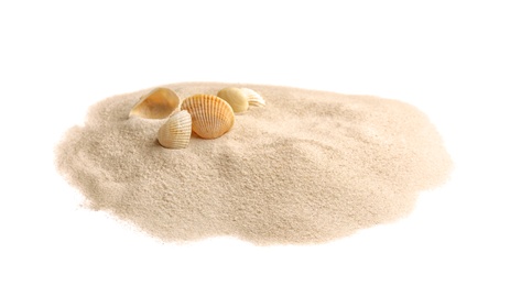 Photo of Pile of beach sand with sea shells isolated on white