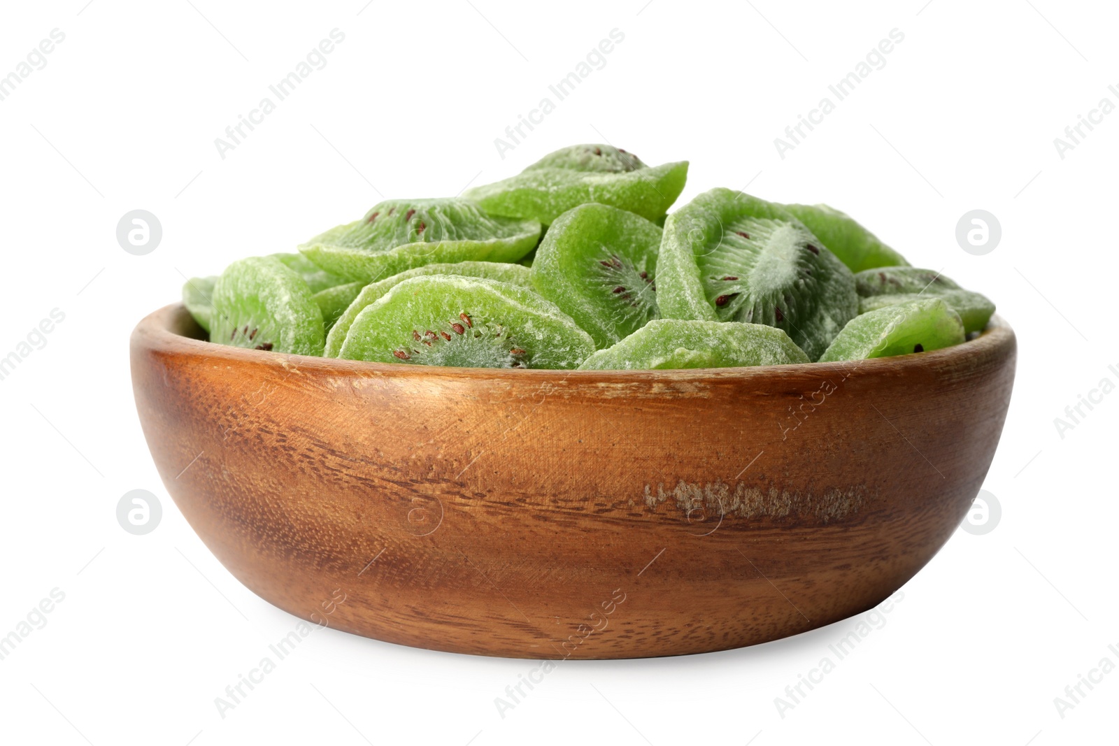 Photo of Bowl with slices of kiwi on white background. Dried fruit as healthy food