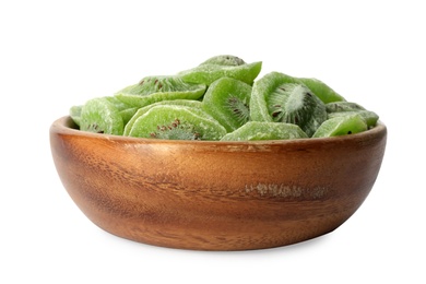 Photo of Bowl with slices of kiwi on white background. Dried fruit as healthy food