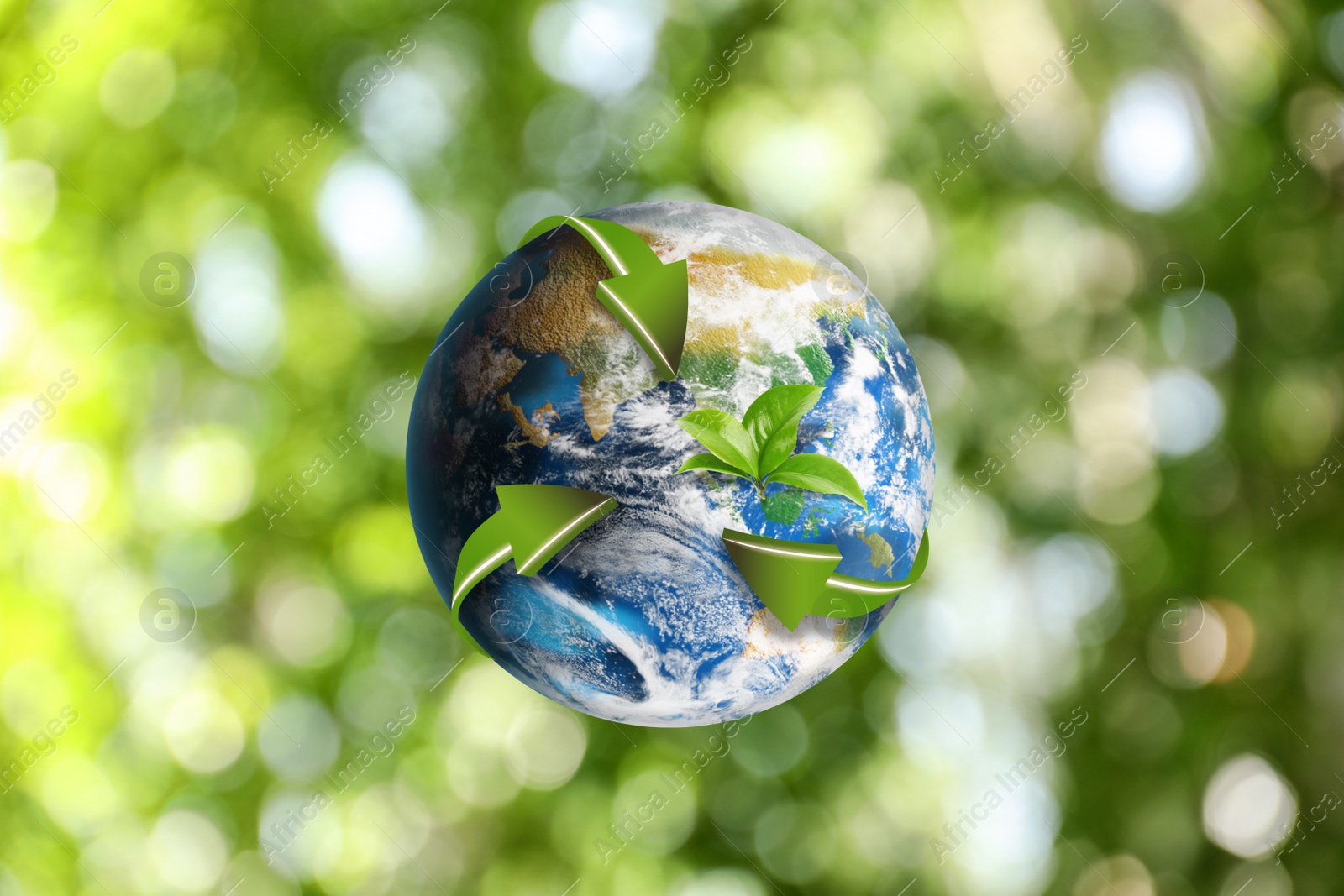 Image of Recycling concept. Earth planet with green arrows and leaves on blurred background, illustration