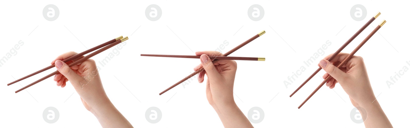 Image of Woman holding chopsticks isolated on white, closeup. Collage with photos