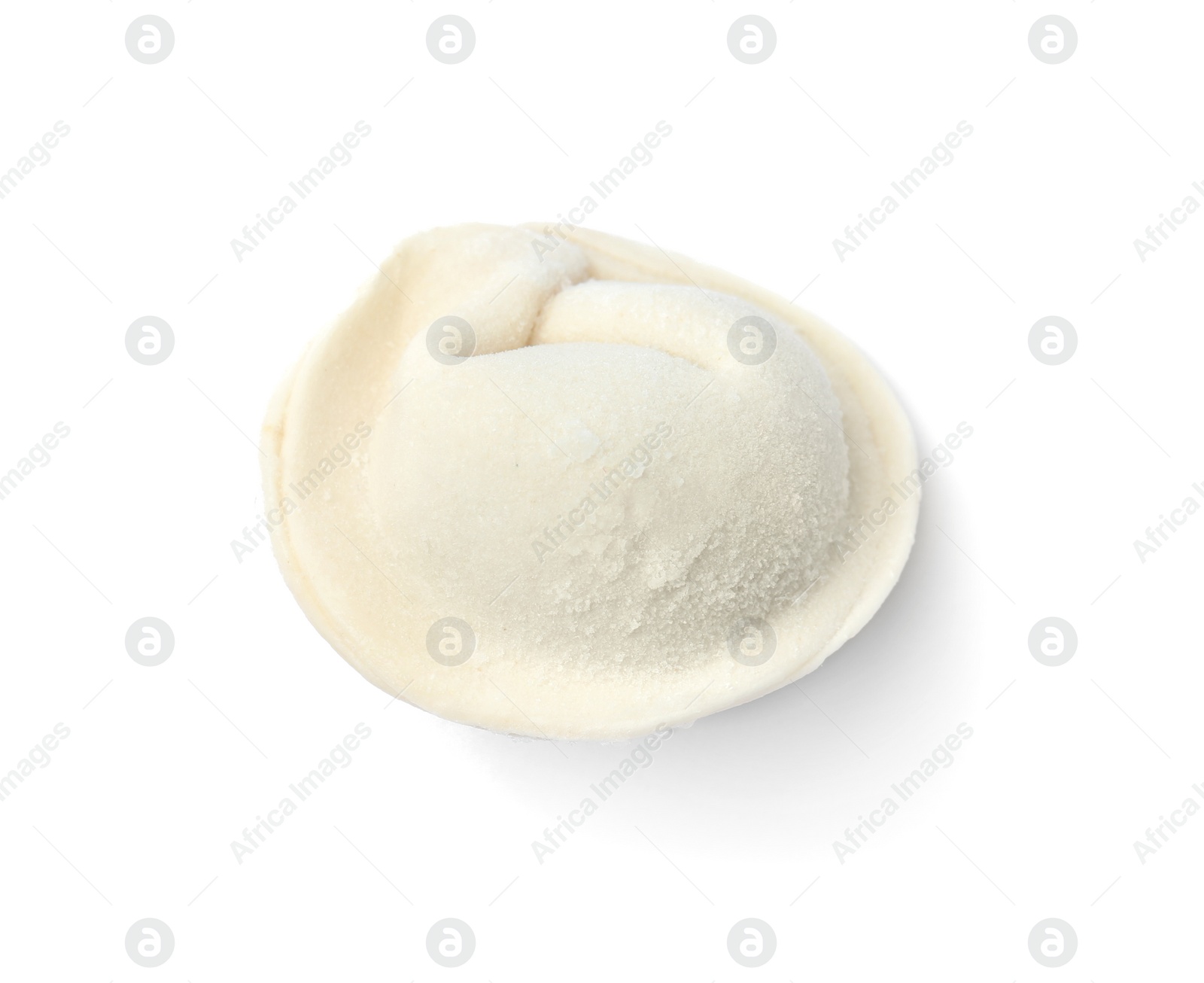 Photo of Frozen raw dumpling on white background. Traditional dish