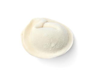 Photo of Frozen raw dumpling on white background. Traditional dish