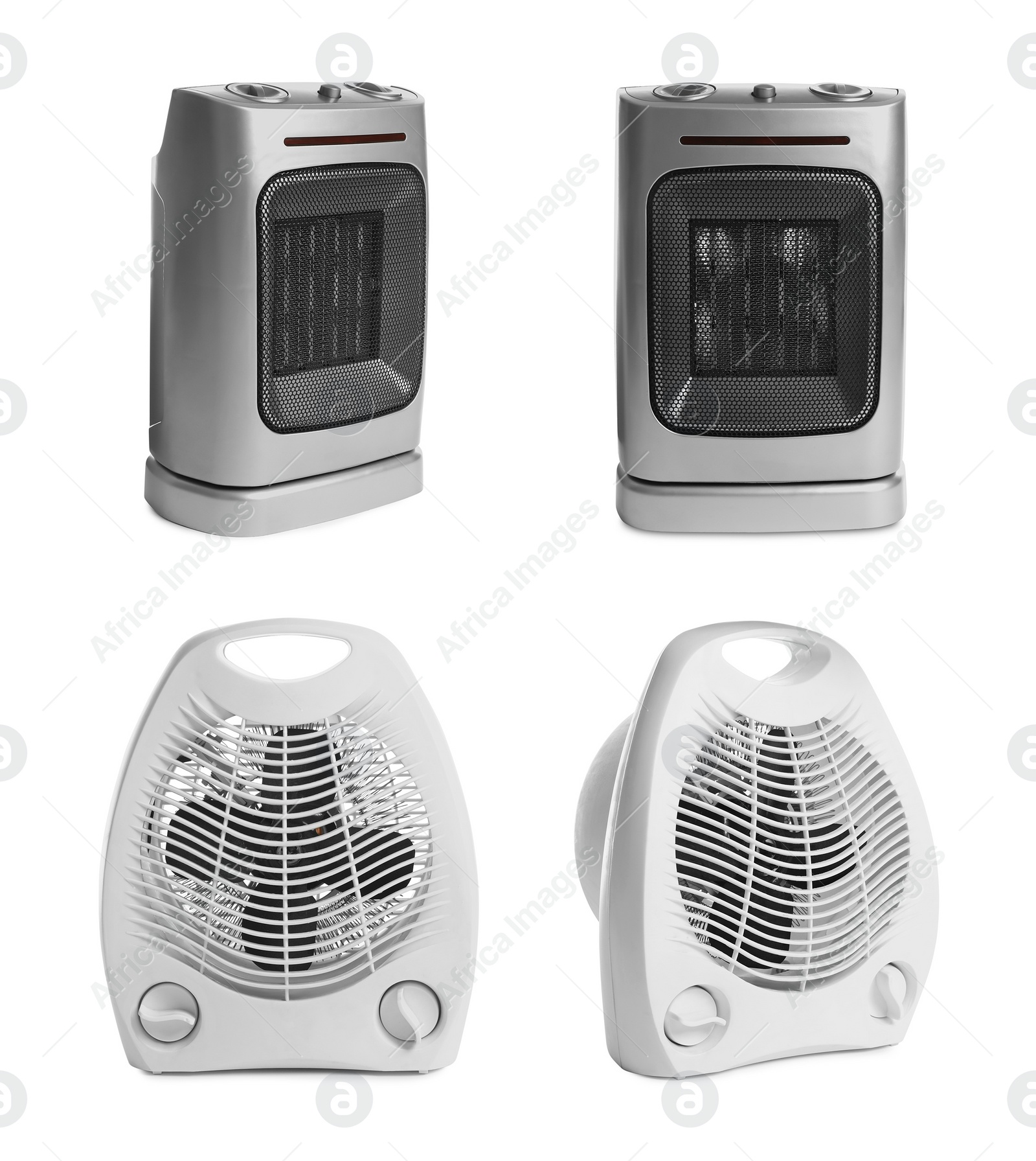 Image of Different modern electric heaters on white background, collage 