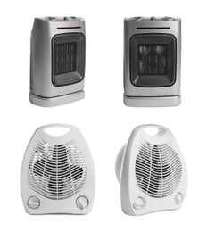 Different modern electric heaters on white background, collage 