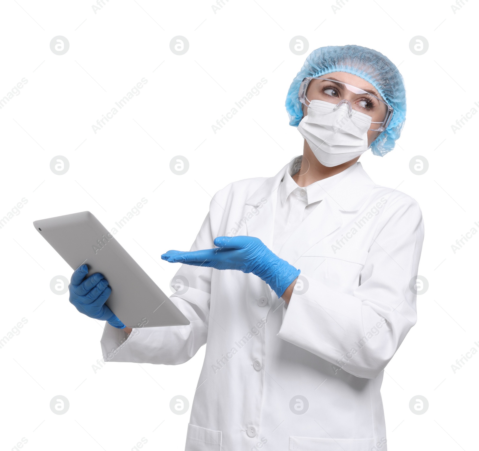 Photo of Quality control. Food inspector with tablet on white background