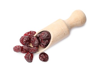 Photo of Scoop with dried cranberries isolated on white, top view