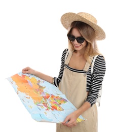 Photo of Woman with map on white background. Summer travel