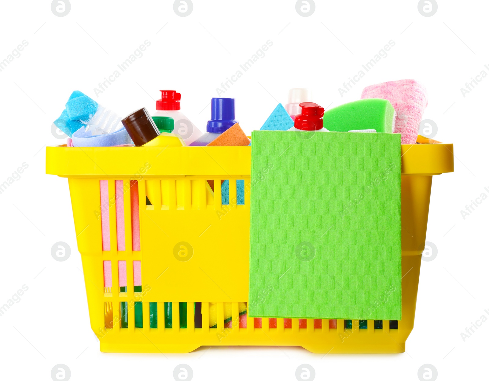 Photo of Yellow shopping basket with different household chemicals on white background