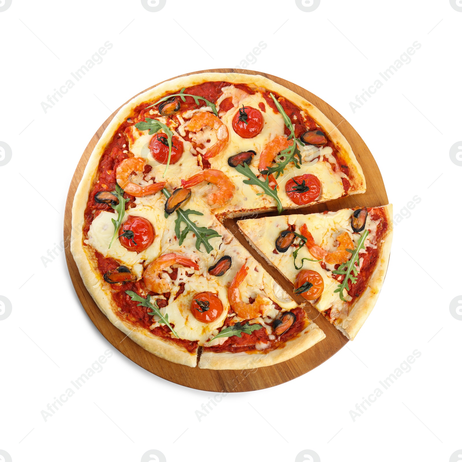 Photo of Hot delicious seafood pizza isolated on white, top view