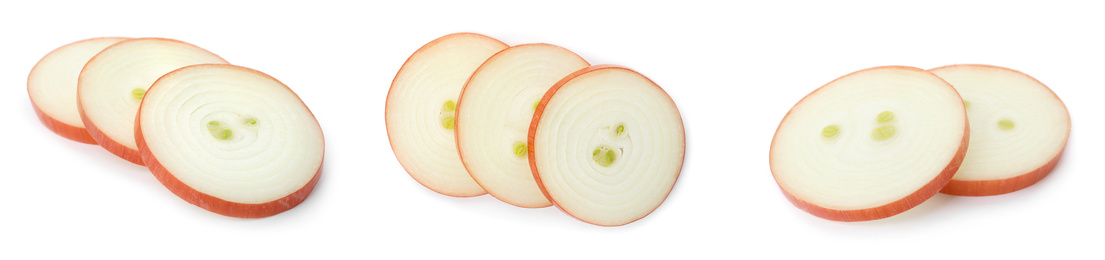 Image of Set of onion slices on white background. Banner design