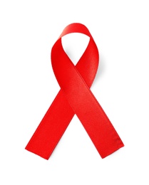 Photo of Red ribbon isolated on white, top view. AIDS disease awareness