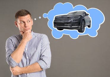 Image of Car buying. Man dreaming about auto on grey background