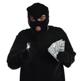 Thief in balaclava with gun and money on white background