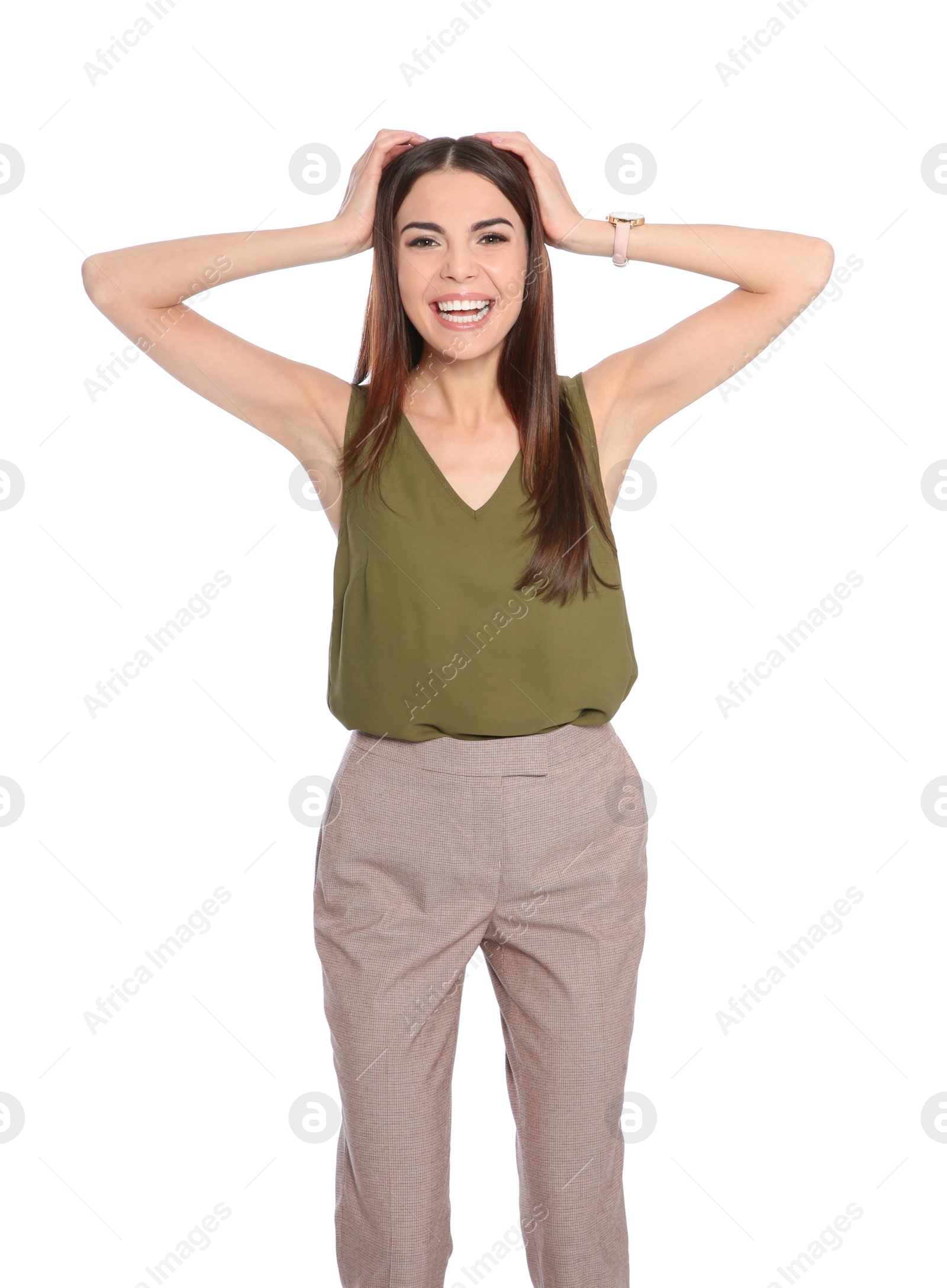 Photo of Young woman celebrating victory on white background