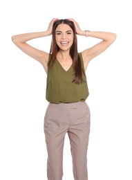 Photo of Young woman celebrating victory on white background