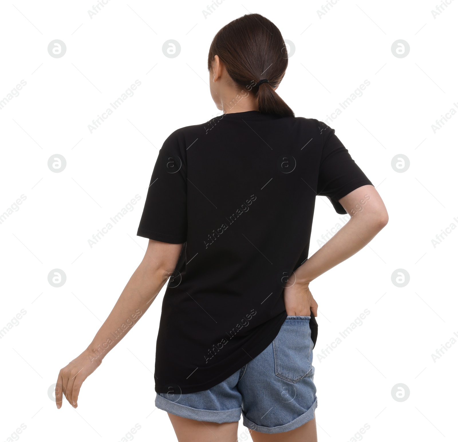 Photo of Woman in stylish black t-shirt on white background, back view