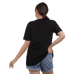 Woman in stylish black t-shirt on white background, back view