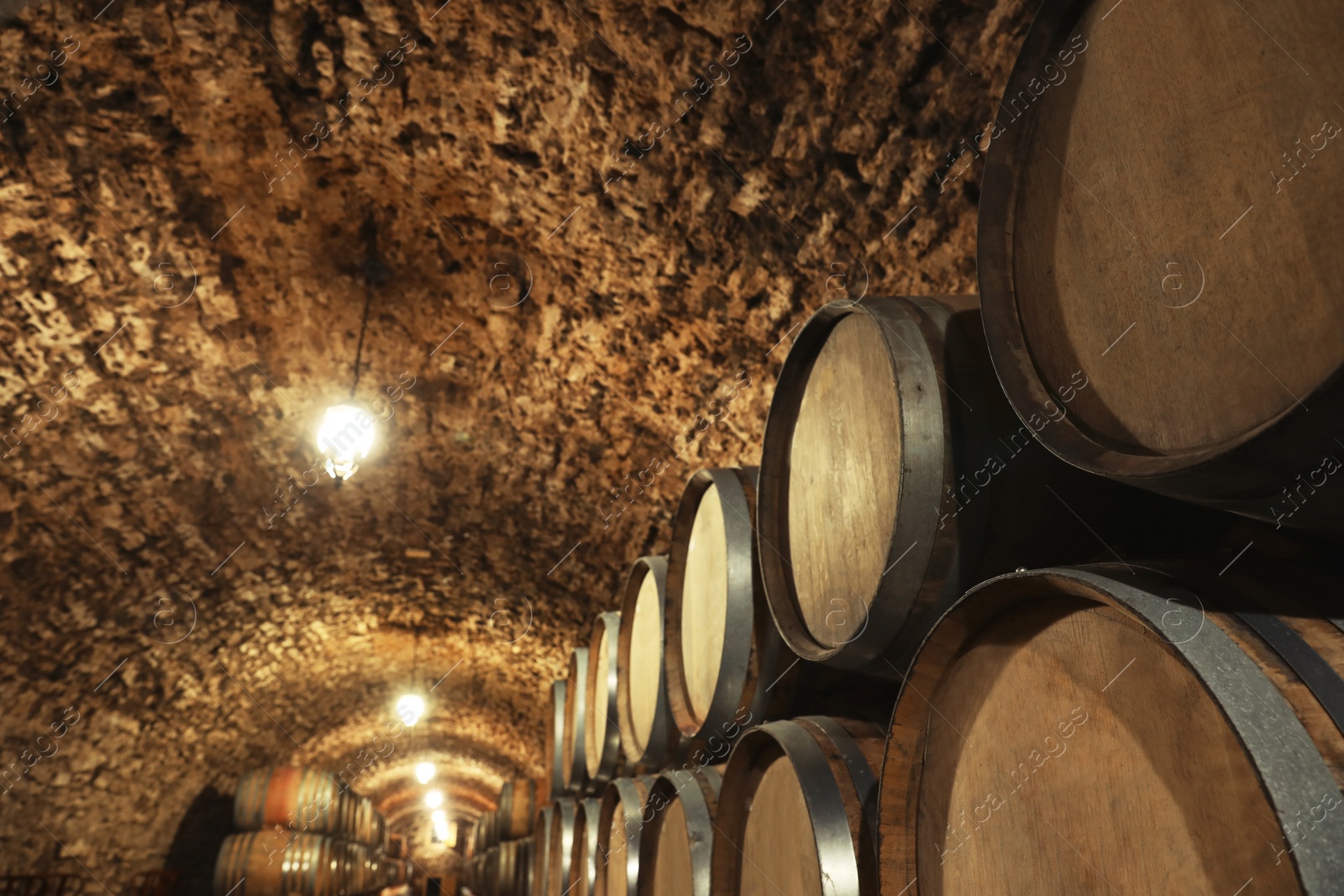 Photo of Large wooden barrels in wine cellar, closeup