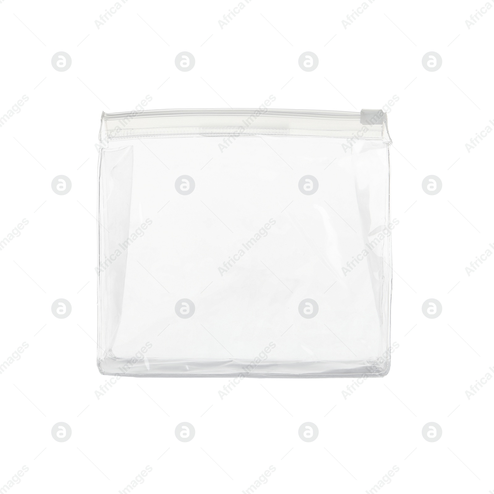 Photo of Empty plastic bag for cosmetic isolated on white