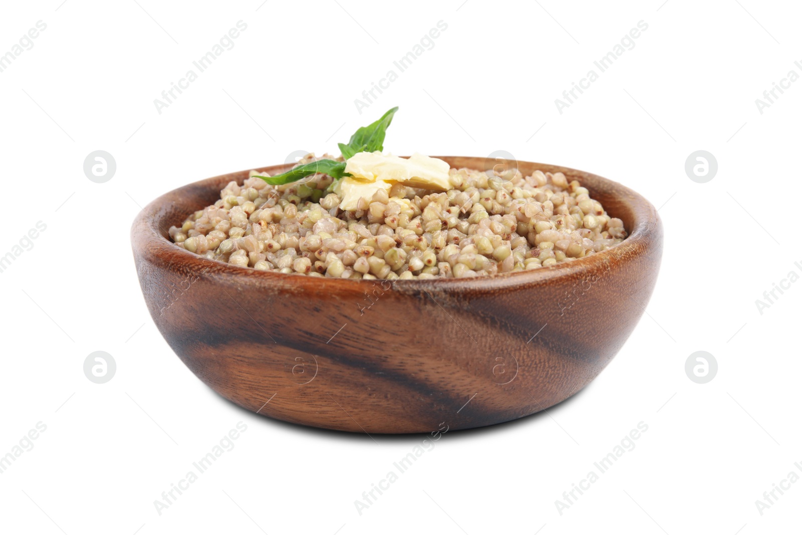 Photo of Tasty buckwheat porridge with butter isolated on white