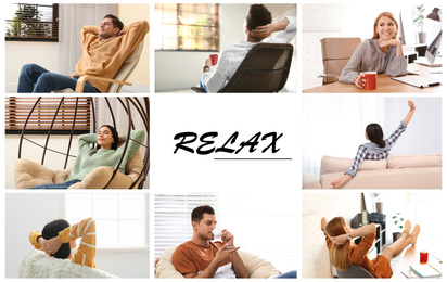 Collage of different people resting indoors and word Relax