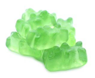 Pile of delicious jelly bears on white background