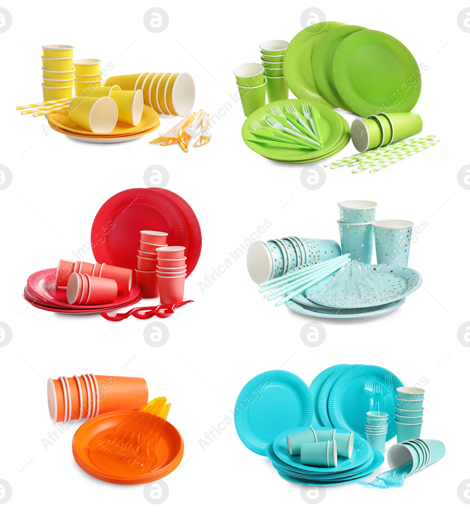 Image of Set with different bright disposable tableware on white background