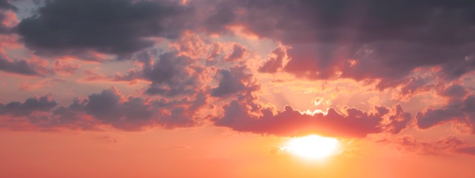 Image of Beautiful panorama of sky with clouds at sunset. Banner design