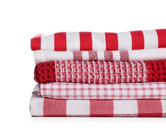 Stack of soft kitchen towels on white background