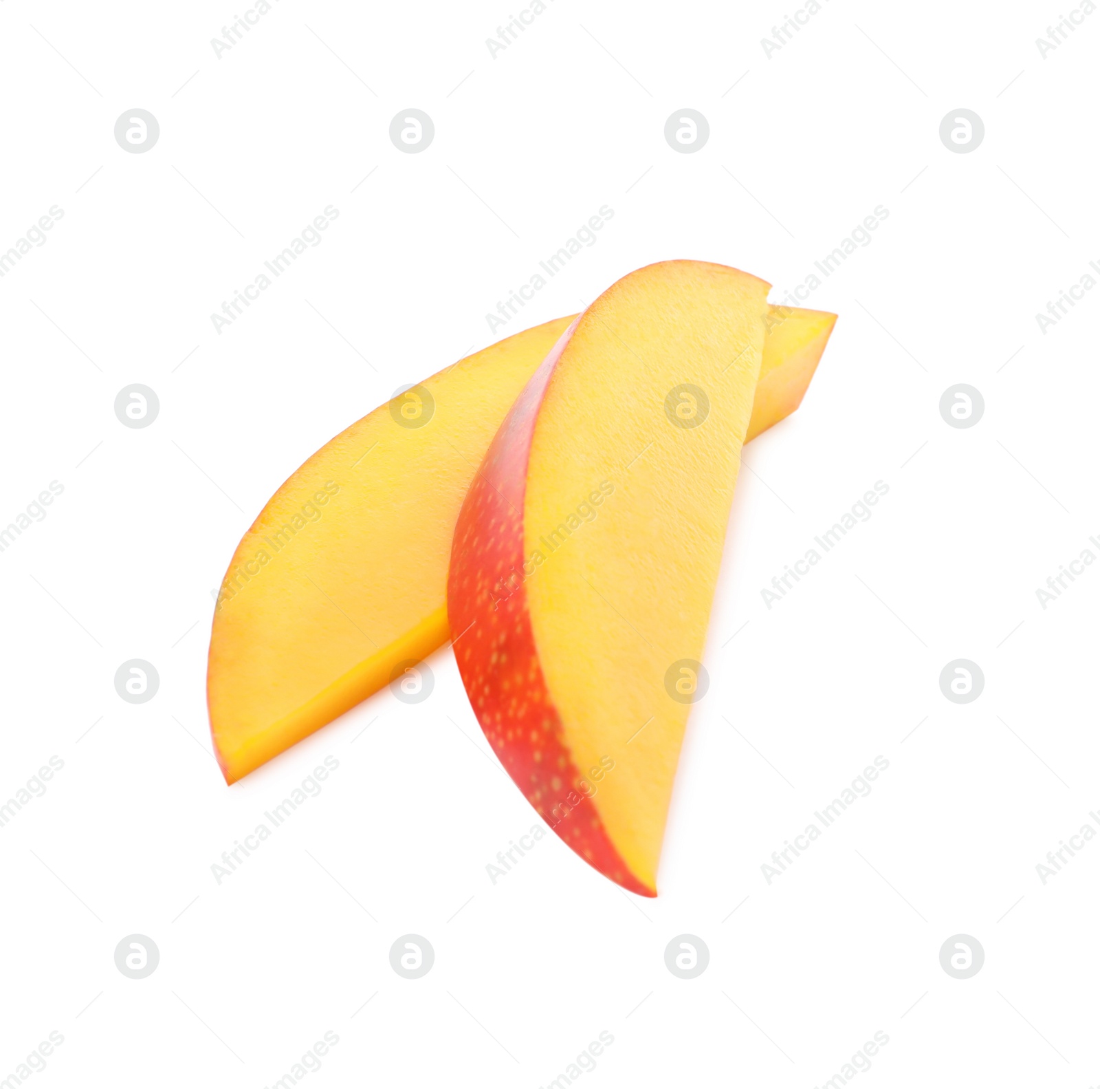 Photo of Slices of ripe mango isolated on white. Exotic fruit