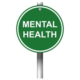 Green road sign with words Mental Health on white background