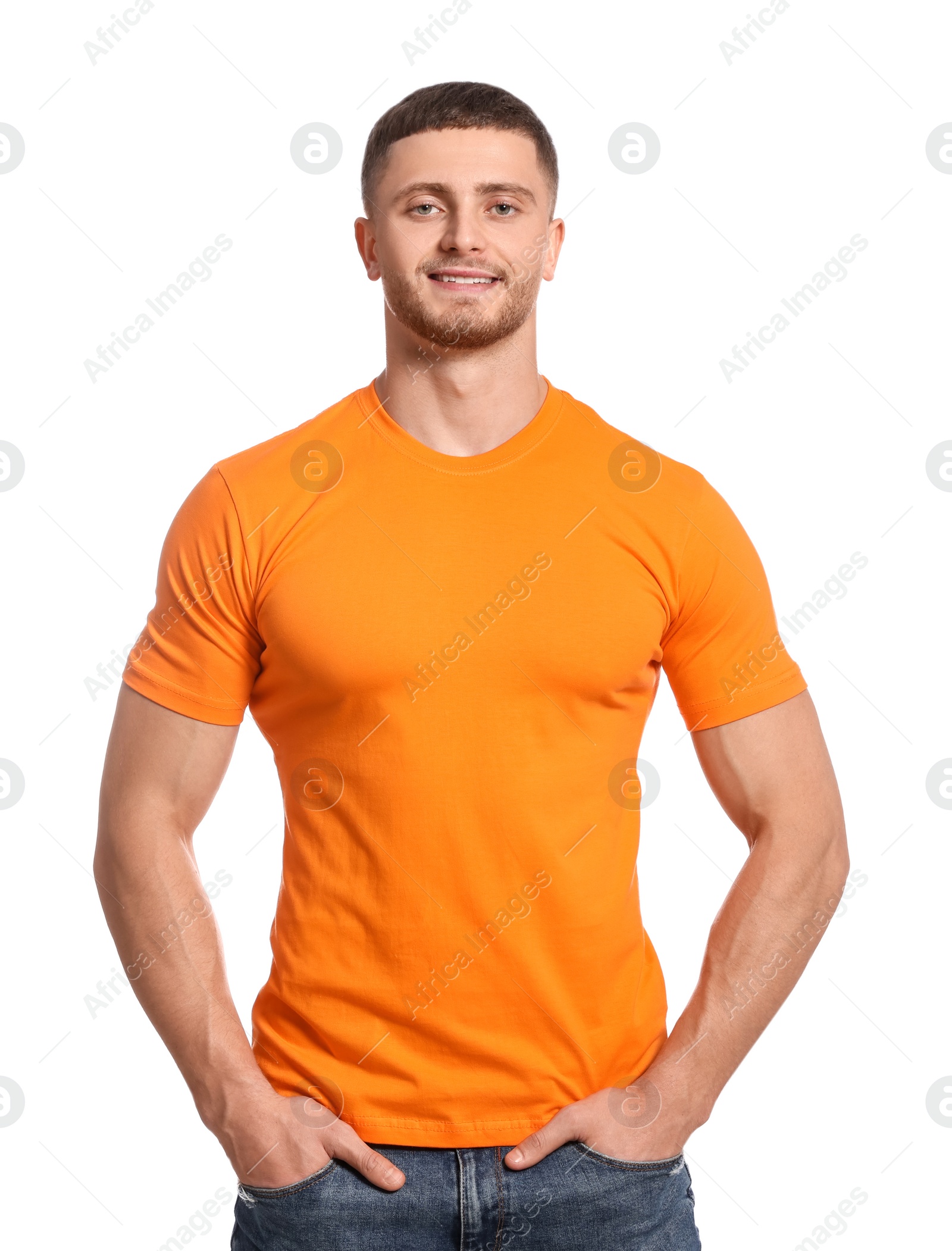 Photo of Man wearing orange t-shirt on white background. Mockup for design