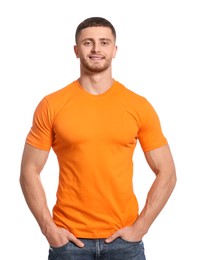 Man wearing orange t-shirt on white background. Mockup for design