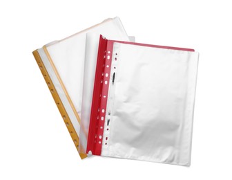 Photo of File folders with punched pockets isolated on white, top view